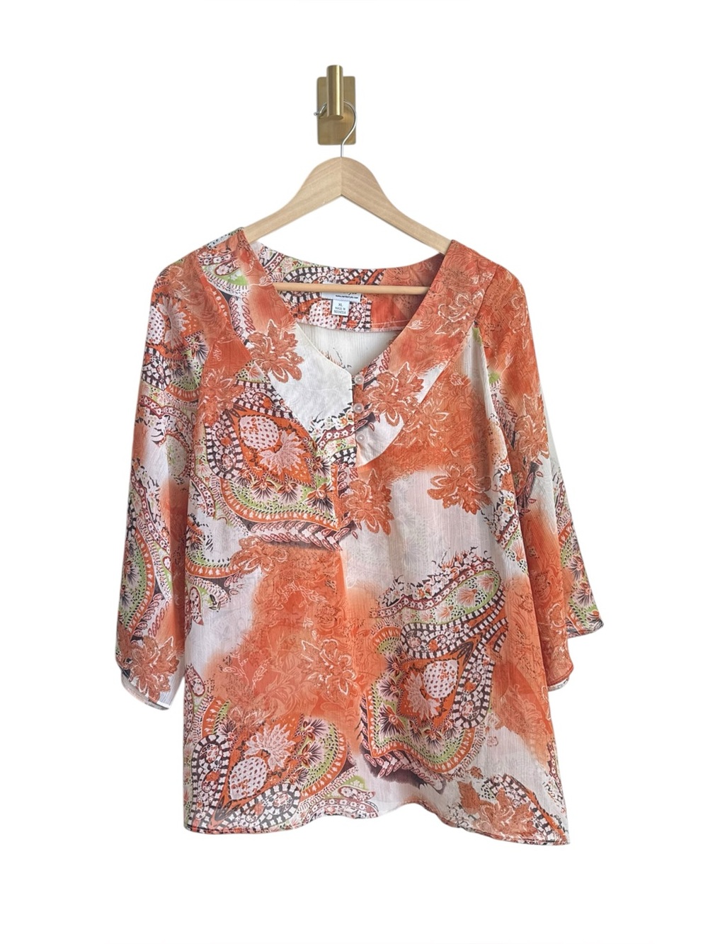 NorthStyle XL Boho Paisley Chiffon Blouse Sheer Flowy Peasant Top Orange White